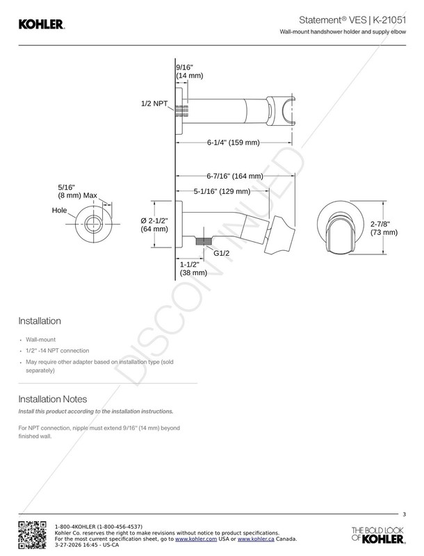 Kohler Statement® VES Wall-mount handshower holder and supply elbow K-21051-CP gallery
