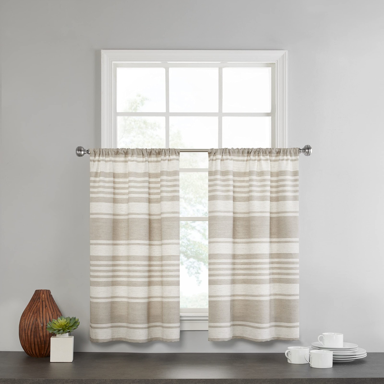 Vue Vinstra Small Panel Tiers Privacy Window Treatment Pair Khaki 26in x 45in gallery