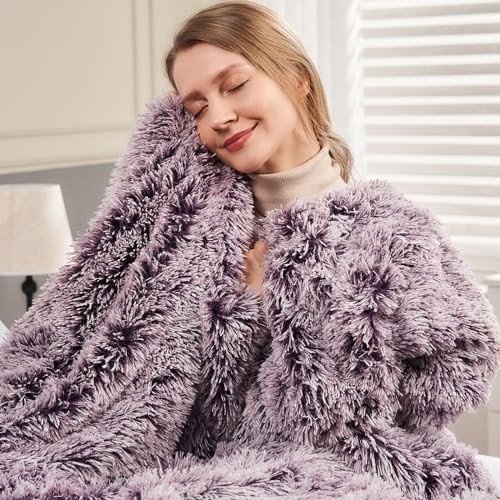 Fuzzy Faux Fur Throw Blanket Queen Size Super Queen(90"x90") Frosty Purple gallery