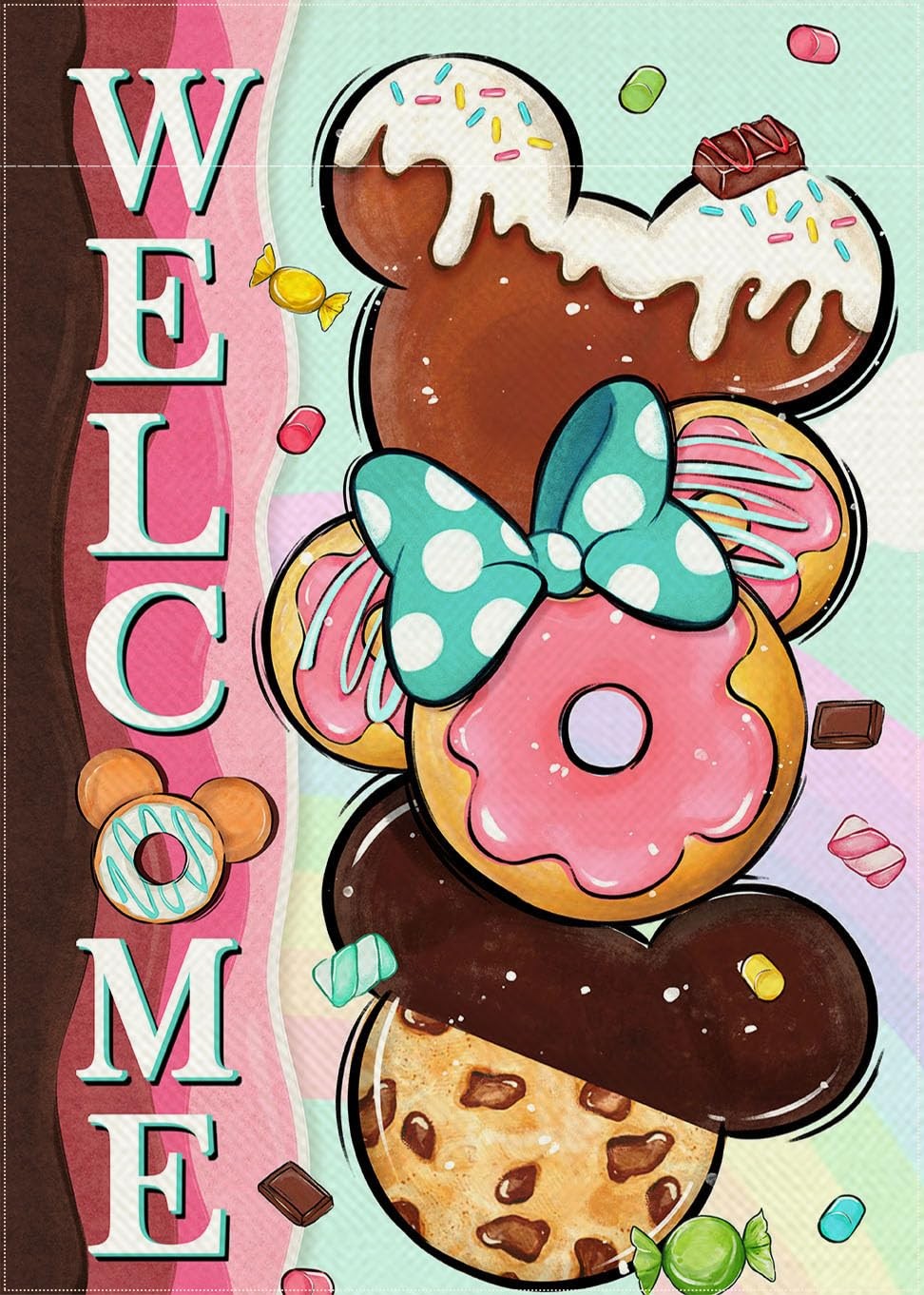 Welcome Cute Donuts Decorative Garden Flag, Pink Sweet Doughnut Chocolate Can... gallery