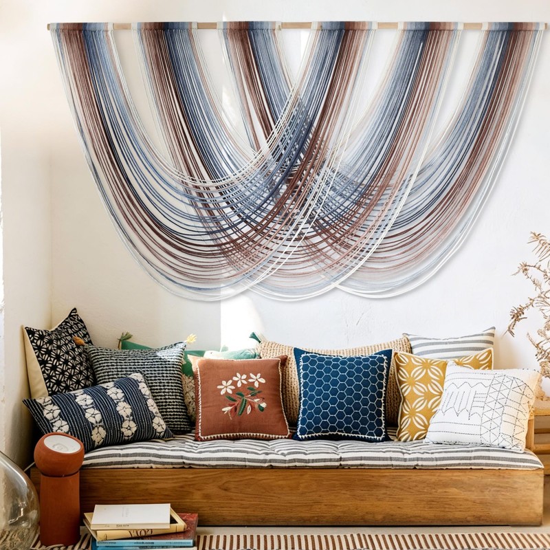 Macrame Wall Hanging Boho Wall Decor Red Blue Gradient Fiber Wall Art Handmad... gallery