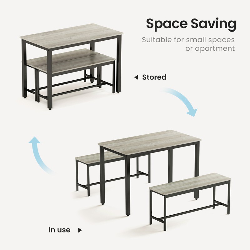 Dining Table Set Bar Table w-2 Dining Benches Table & Chairs Grey for 4 people gallery