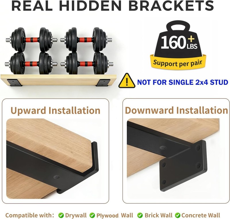 6 Pack 8 Inch Floating Shelf Brackets - Solid Steel Heavy Duty Black gallery