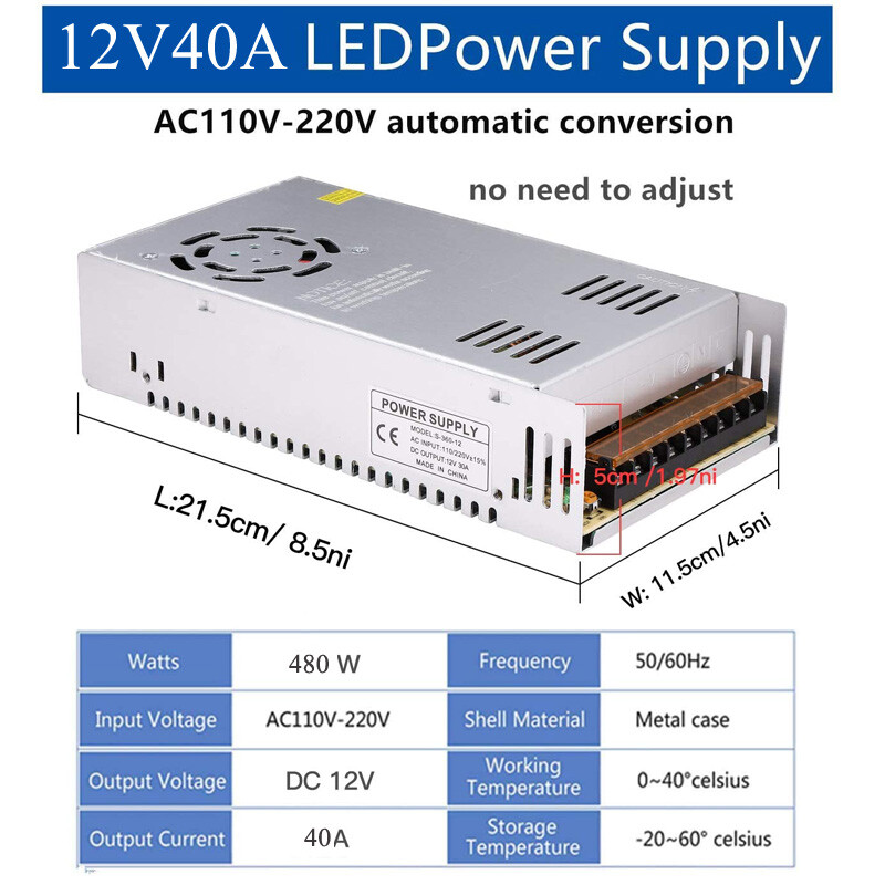 AC 110V TO DC 12V 40A 480W Switch Power Supply Adapter Switching for Led Strip gallery