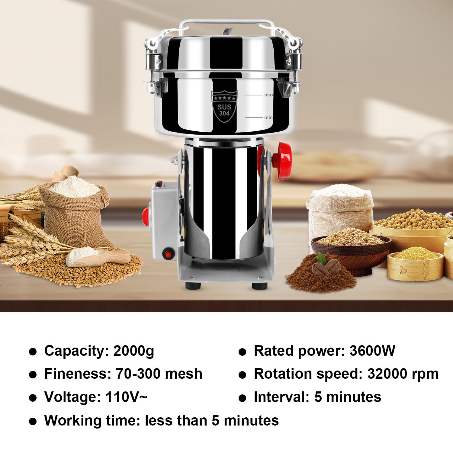 Grain Mill Grinder Electric Flour, 2000g Corn Fine Powder Rice Grinder Wheat Mil gallery