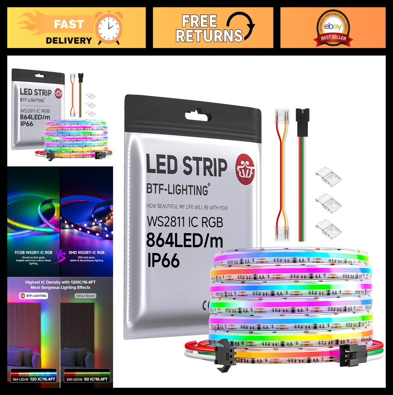 BTF-LIGHTING RGB COB LED Strip 24FT Flexible High Density DC24V IP66 gallery