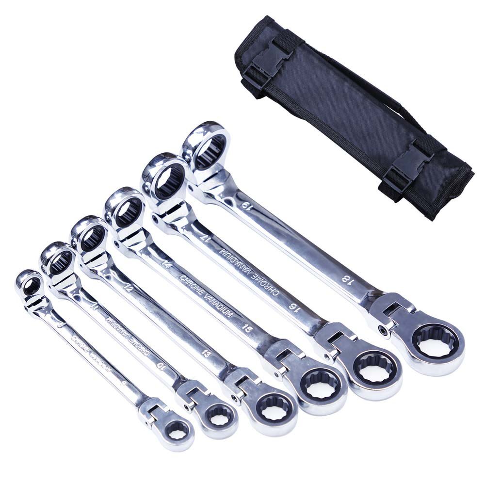 Long 6.5"-10.2" Flex Head Ratcheting Wrench set 6PCS Double Box End Metric New gallery