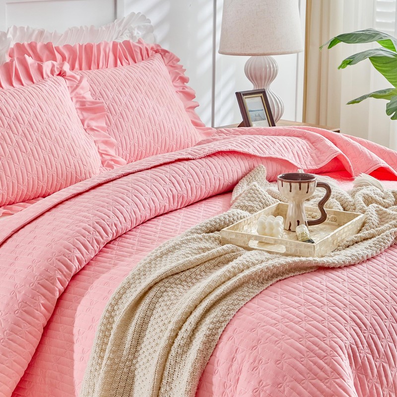 Ruffled Quilt Bedding Set Queen Size 96 * 96in - 3 Pieces Solid Shabby Chic F... gallery
