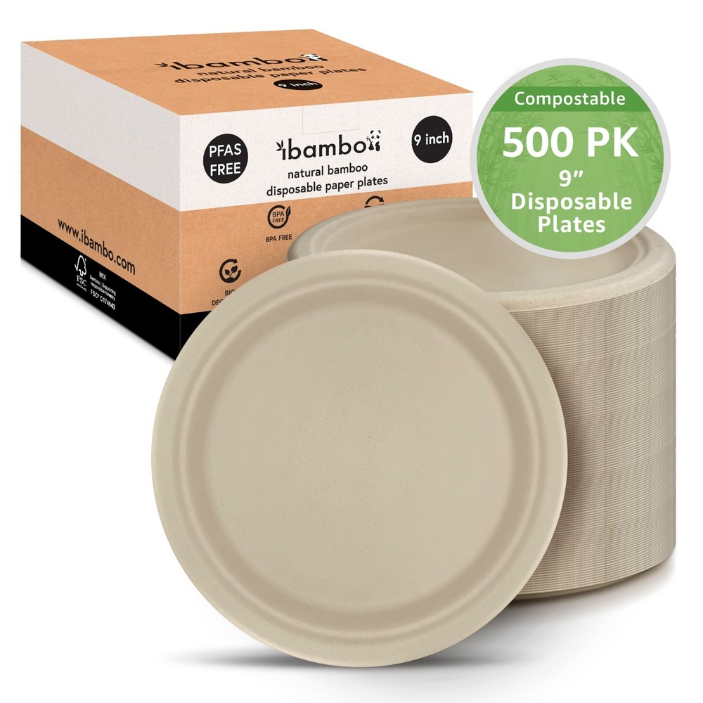 Ibambo Bamboo Disposable Paper Plates - 9 Inch, 500 Pack, Compostable Plates