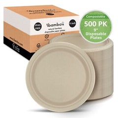 Ibambo Bamboo Disposable Paper Plates – 9 Inch, 500 Pack, Compostable Plates