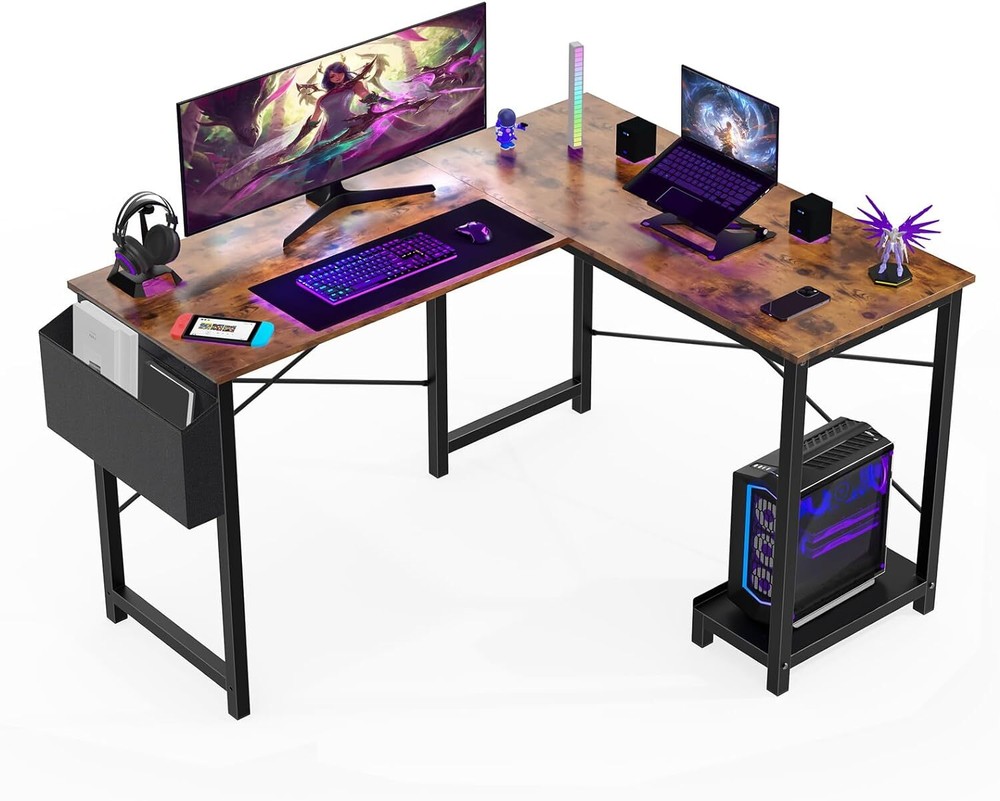 L-Shape Corner Computer Desk Home Office Gaming PC Table with CPU Stand Side Bag