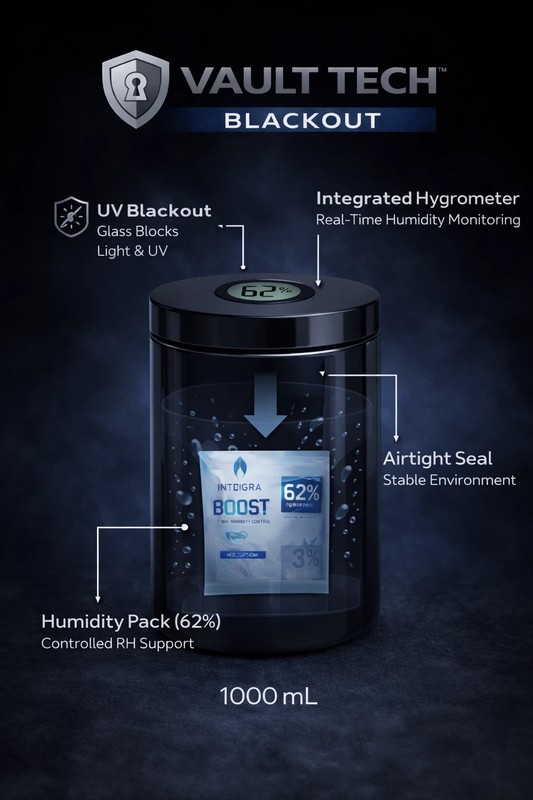 Vault Tech Blackout™ – 1000 mL UV Black Glass Jar + Hygrometer + Integra gallery