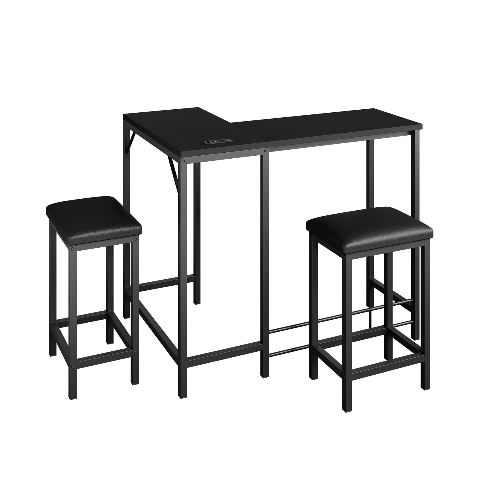 Bar Table and Chairs Set 63'' L-Shaped Bar Table with 2 Stools, Built-in Outlets gallery