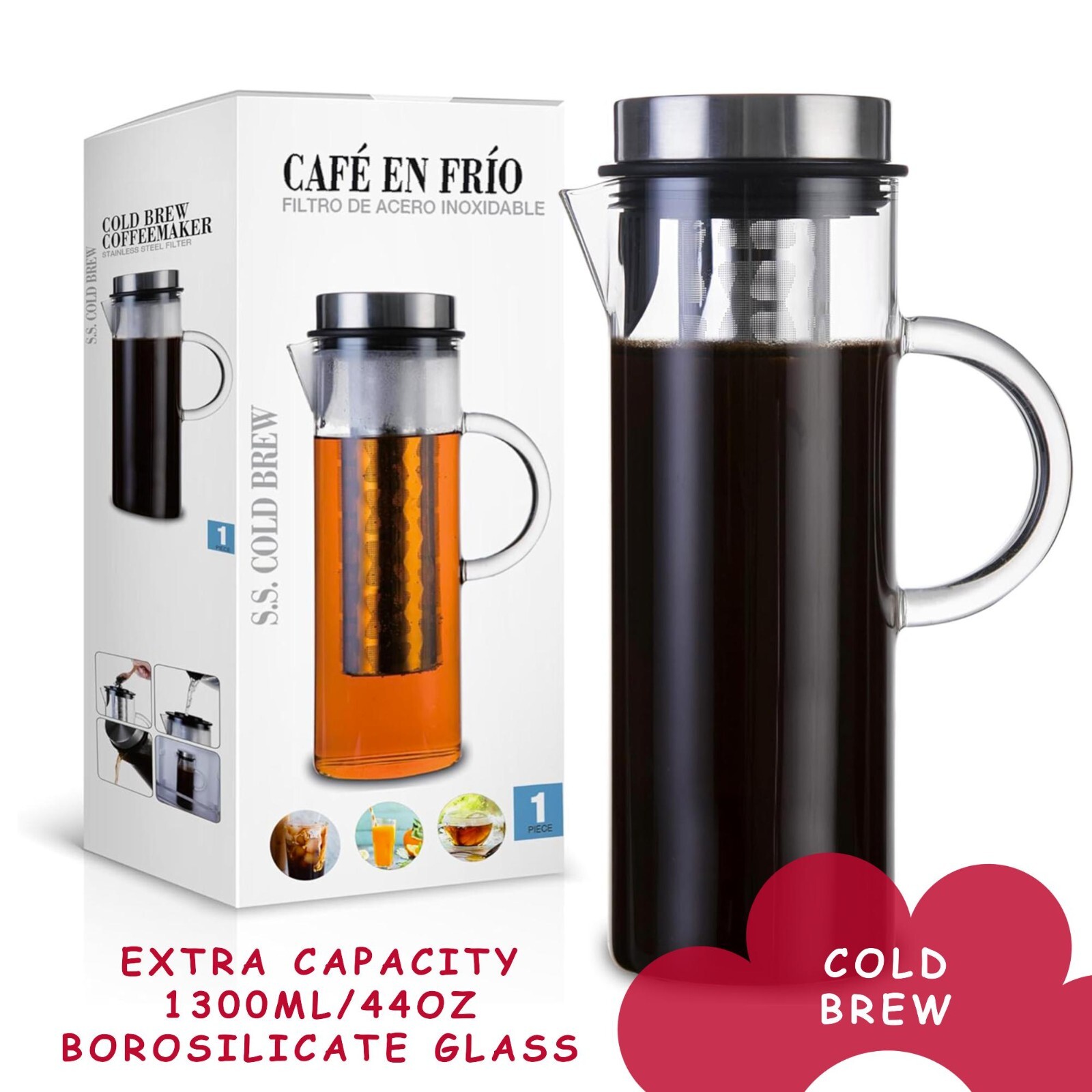Cold brew coffee maker Kettle hot tea brewer infuser stainless filter large 44oz gallery
