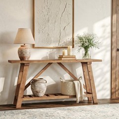 Solid Wood Console Table, 63″ Long Narrow Entryway Sofa Table with Storage Shelf