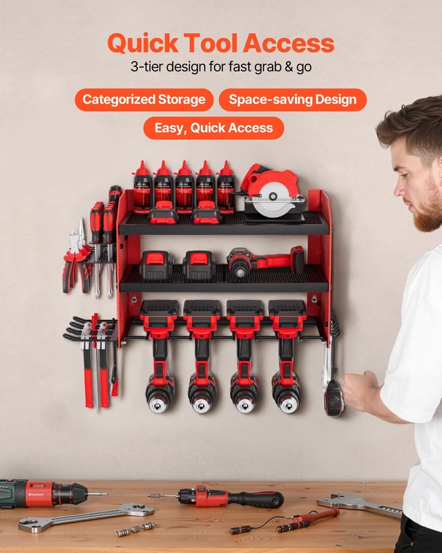 VEVOR Power Tool Organizer Wall Mount 3-Layer Drill Storage Rack 4 Drill Holders gallery