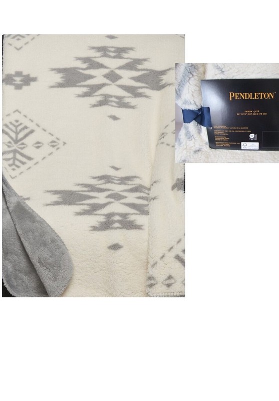 NEW Pendleton Icon Sherpa Aztec Throw Blanket Fleece 50x70 Cream Ivory Gray Back gallery