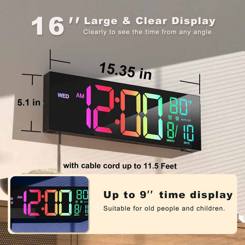 16" Large Digital Wall Mount Clock, Count down Timer, Alarm, Big LED, 8 RGB Colo gallery