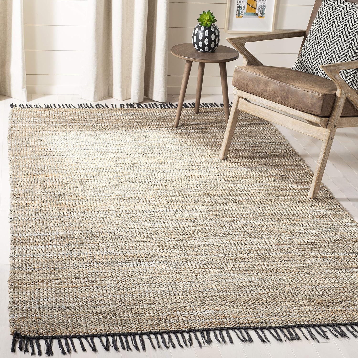 Handmade Boho Fringe Leather & Jute Area Rug 6' x 9' - Beige Vintage Charm gallery