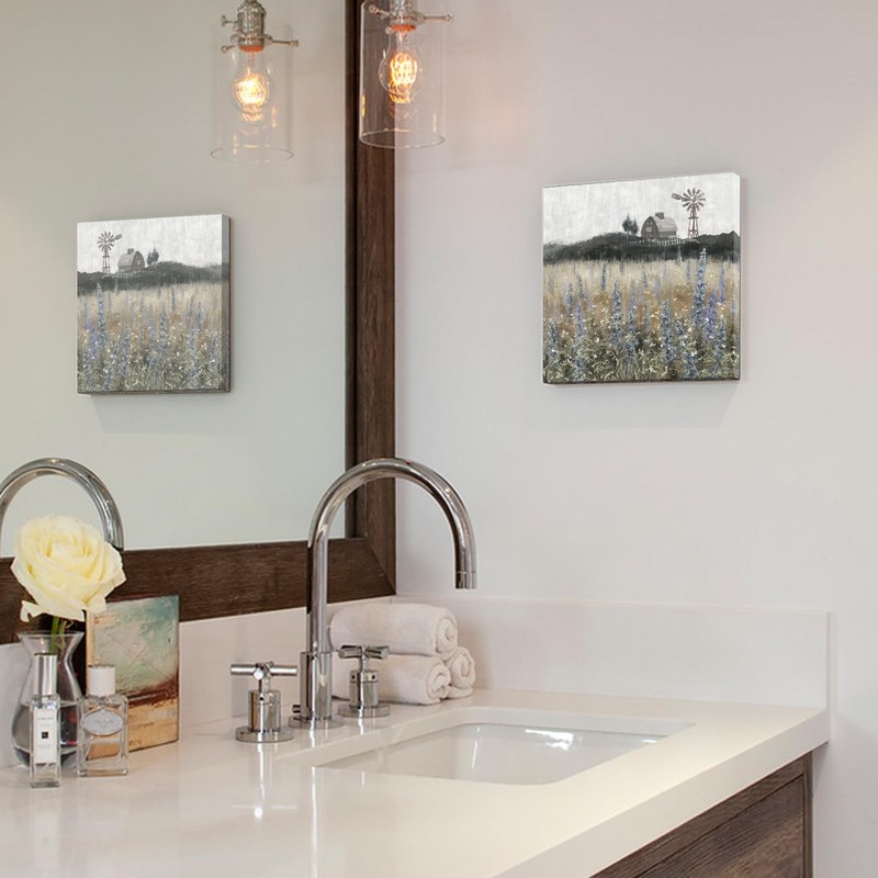 Vintage Farmhouse Canvas Print - Rustic Flower Field Landscape Art 14x14" gallery