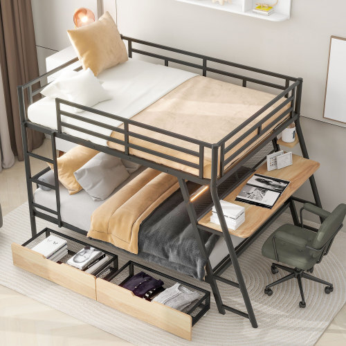 Full Size Metal Bunk Bed Frames with Built-in Desk LED Light and Storage Drawers gallery