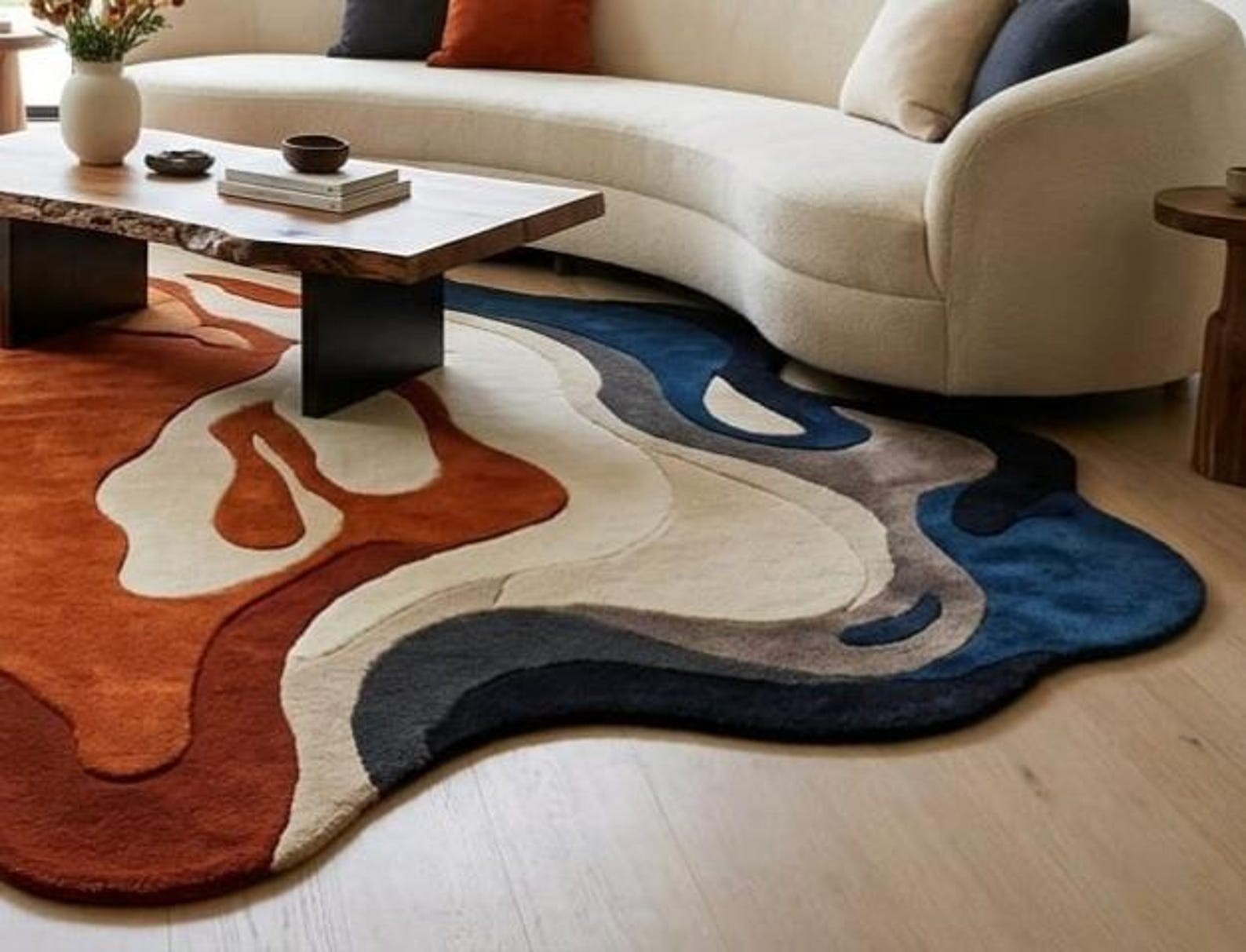 Large Irregular Shape Rug Abstract Navy Orange Topographical Modern Wavy Carpet gallery