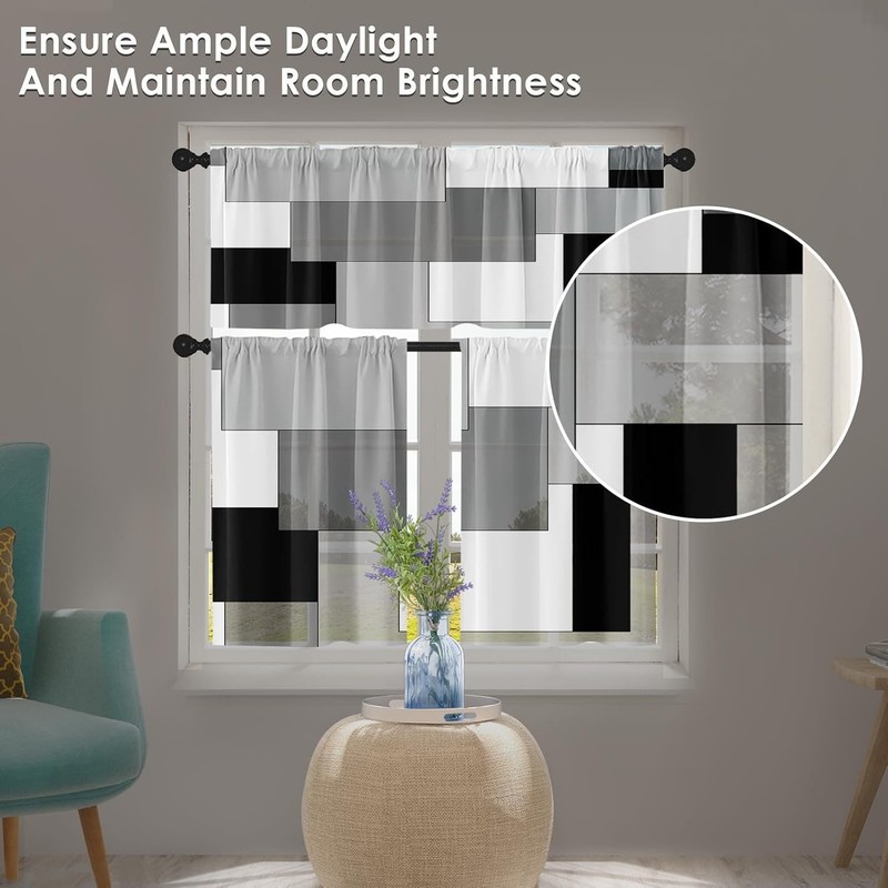 Black White Gray Kitchen Window Curtains Valance and Tier Set 36 Inch, Dark G... gallery