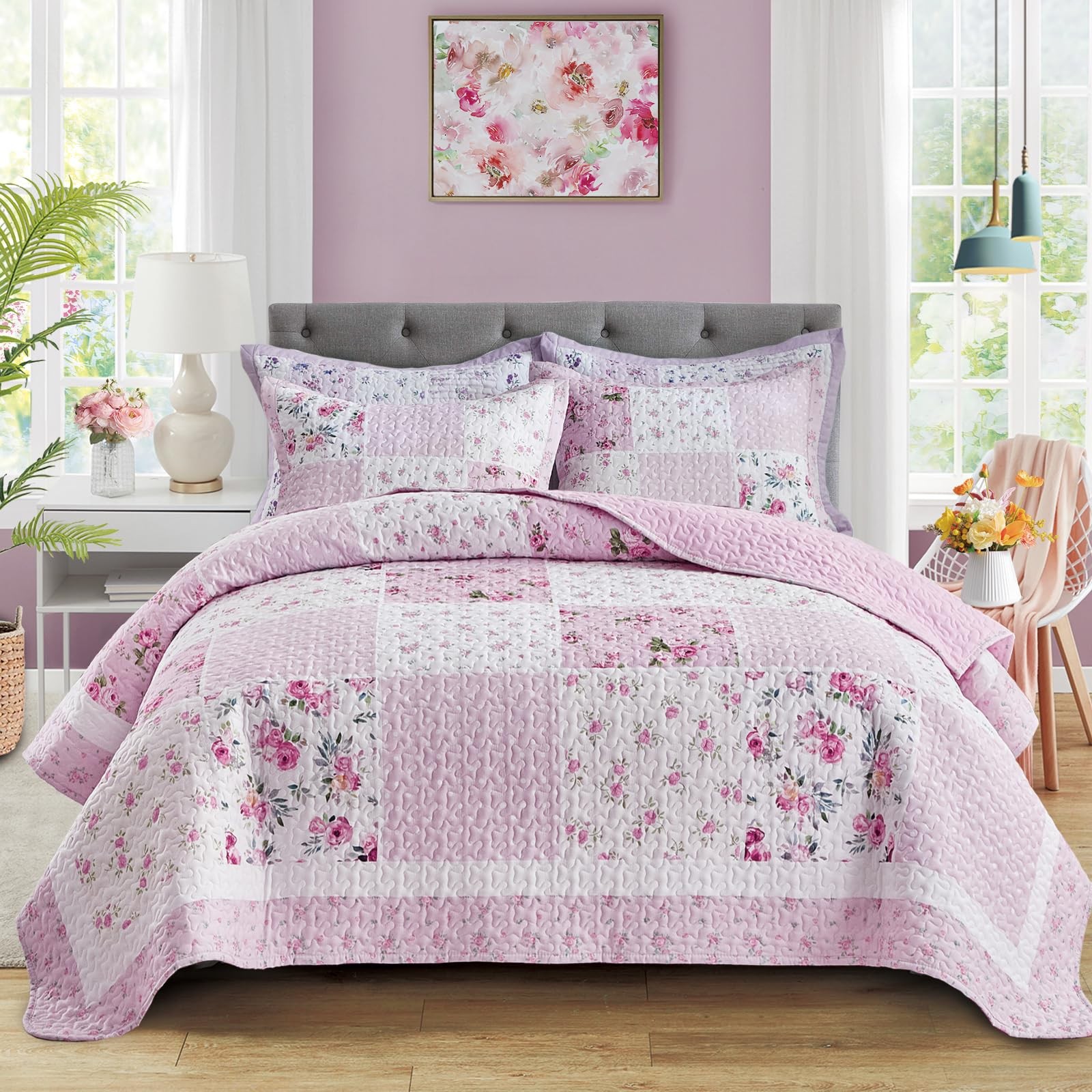 Patchwork Quilt Set King Size,3 Pieces Pink White Green Floral Plaid Reversib... gallery