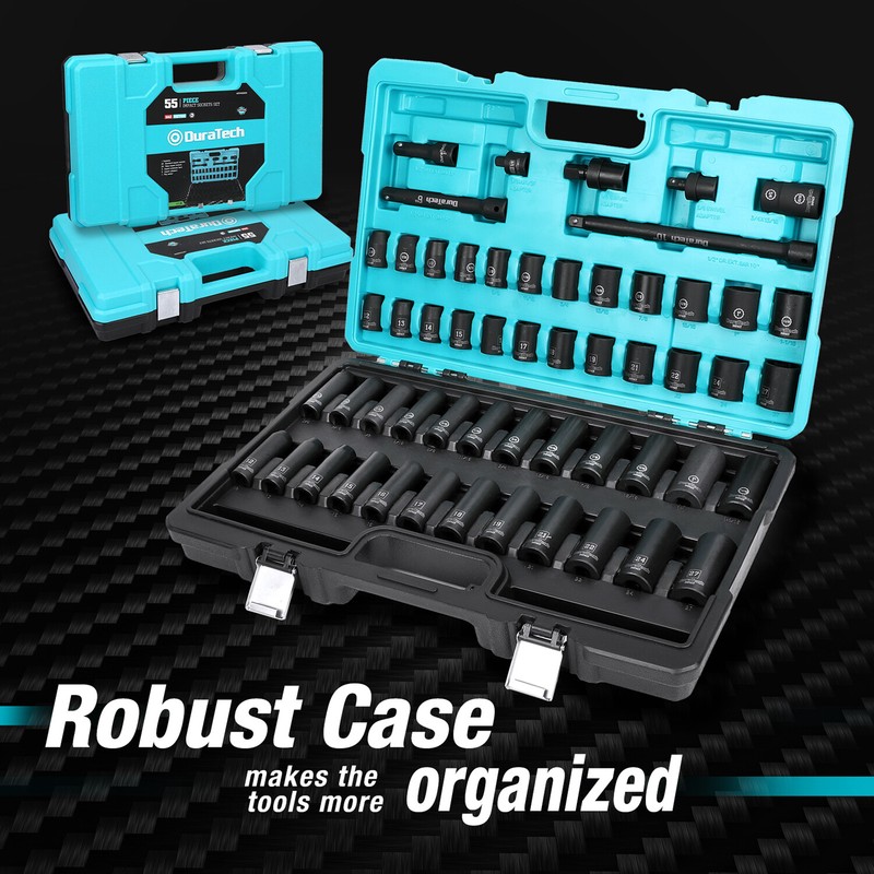 DURATECH 55-Pieces 1/2" Impact Socket Set Deep Impact Sockets SAE Metric 6 Point gallery