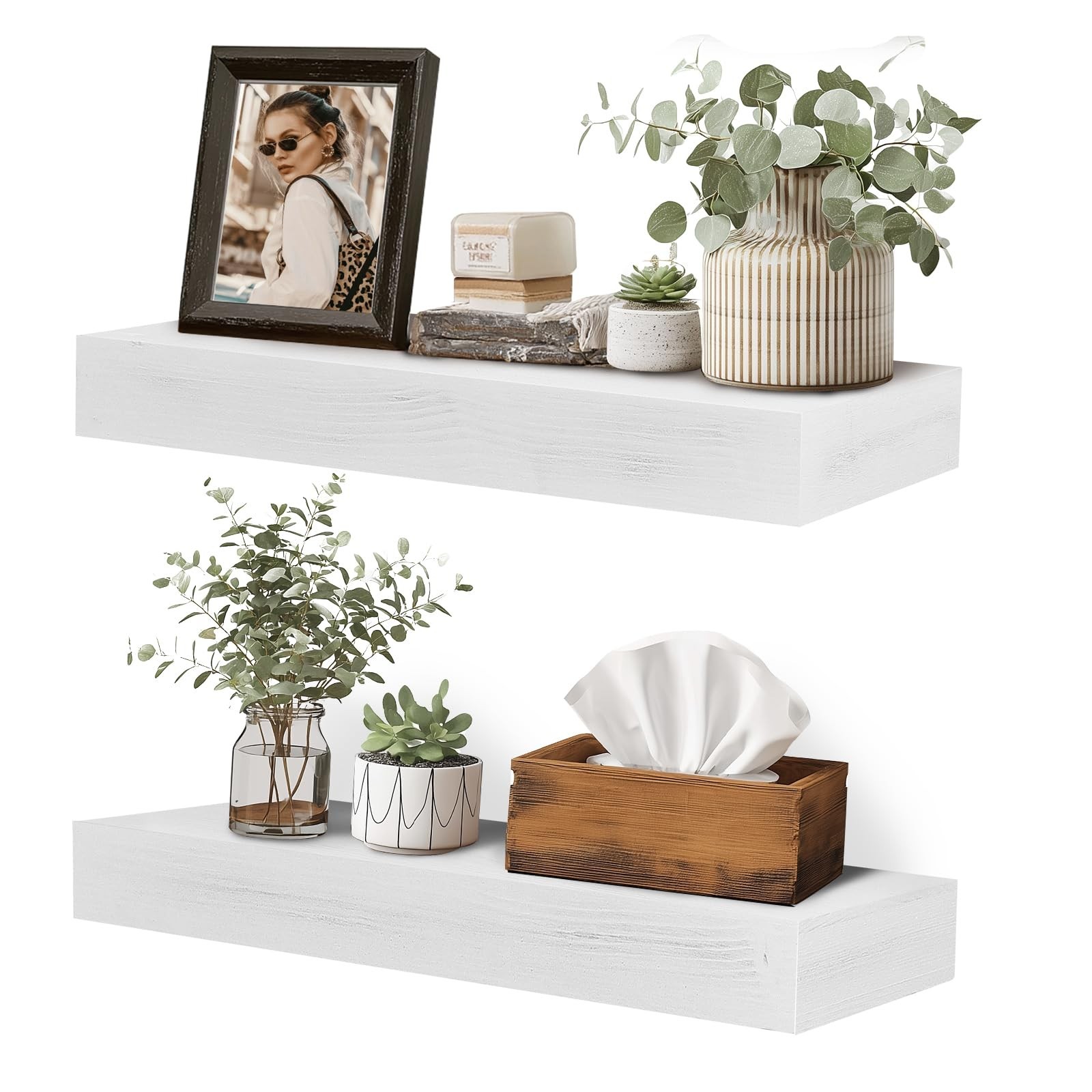 17x6.8x2 Inch Rustic Floating Shelves for Wall Set of 2 - White Solid Wood Wa... gallery