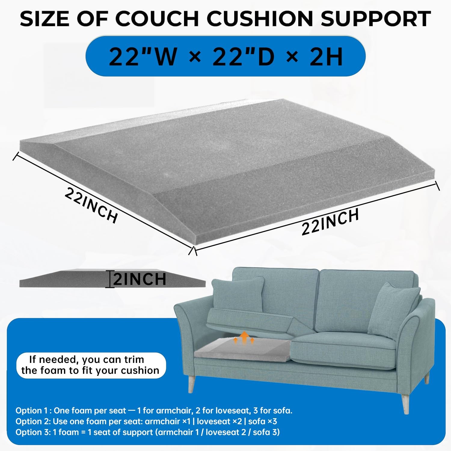 3 PCS Sofa Cushion Support Sagging Couch Trapezoid 40D Firm Foam Inserts Grey gallery