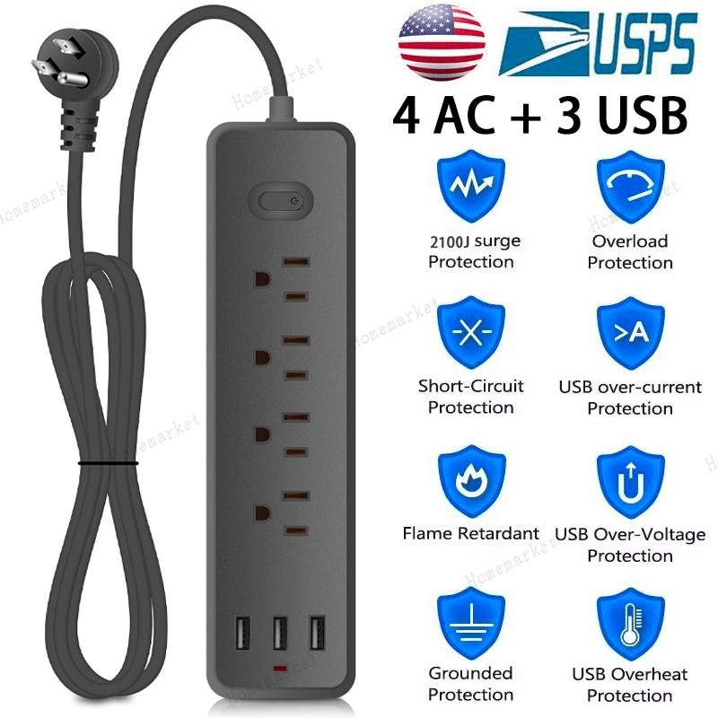 Wall Mountable USB Surge Protector Power Strip 3 USB Ports & 4 Outlet Plugs USA gallery