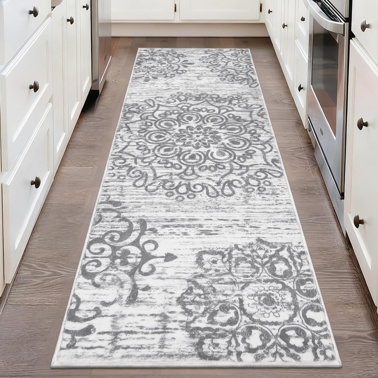 HEBE Hallway Runner Rug 2'x6' Washable Vintage 2' x 6' (Rectangular), Grey gallery