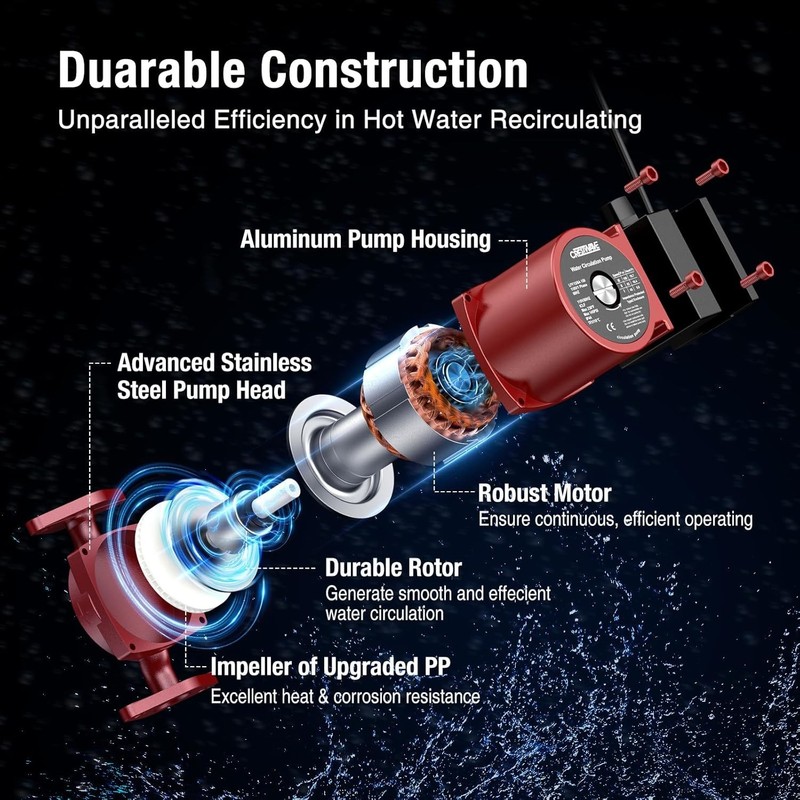 130W Hot Water Recirculating Pump, 3 Speed Adjustable 13 GPM 24ft Max Head Circu gallery