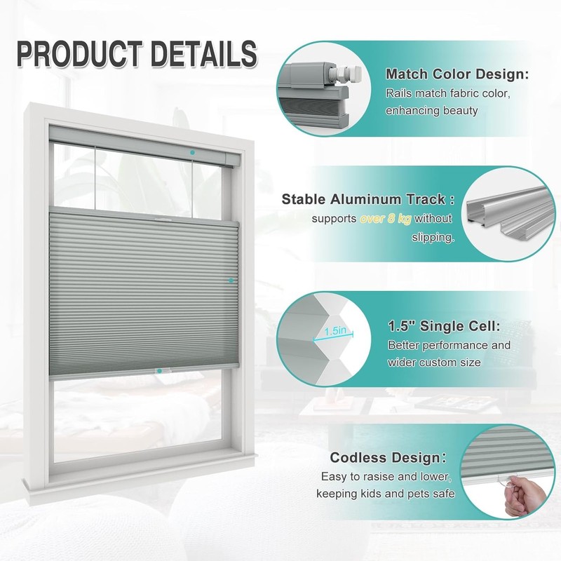 Light Filtering 1.5in No Drill No Tools Cordless Cellular Shades Honeycomb Blind gallery