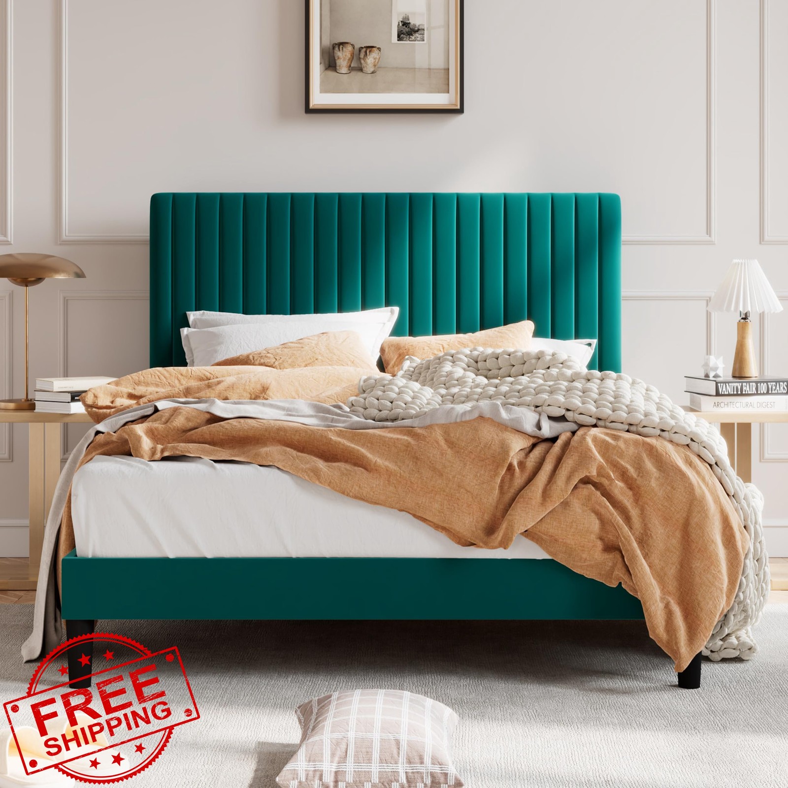 SHA CERLIN Queen Bed Frame Teal Velvet gallery