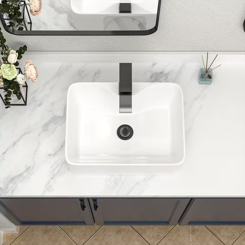 16 In. Rectangular Bathroom Ceramic Vessel Sink Basin in White with Black Faucet gallery