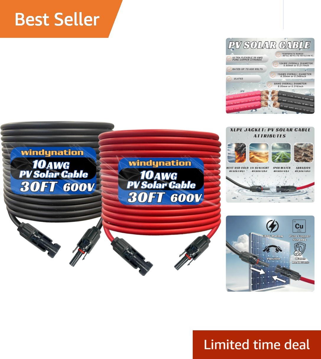 10 AWG Solar Panel Extension Cable 60 Feet - Listed and Weatherproof gallery