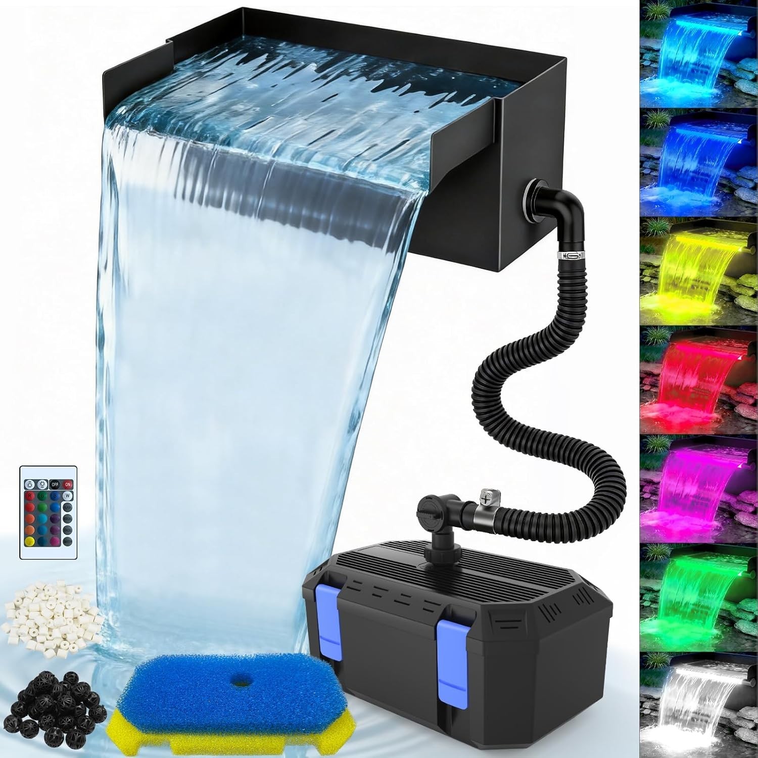 FUMAK Pond Waterfall Kit 850GPH Filter Pump 12in Spillway LED Lights gallery