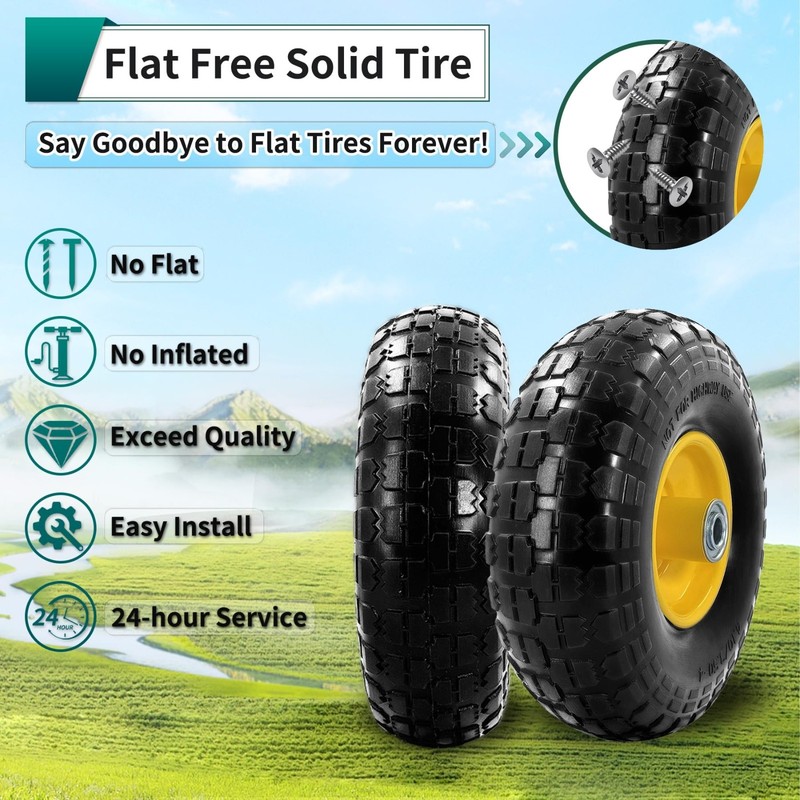 4PCS Upgrade 4.10/3.50-4 Flat Free Solid Rubber Tire and Wheel, 10" Solid Tires gallery