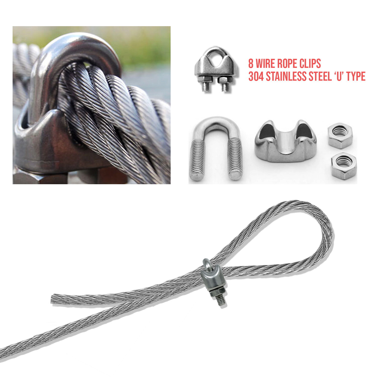 Galvanized Steel Aircraft Cable Wire Rope Shade Sail Railing Stairway w/Clamp gallery