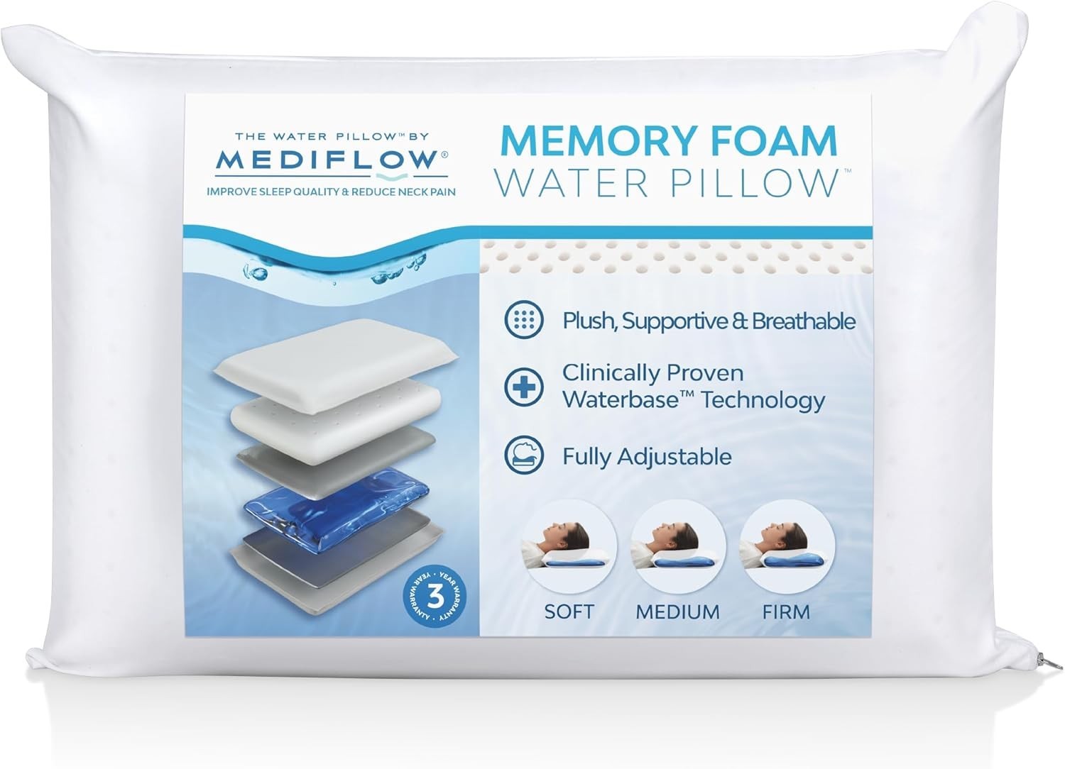 Water Pillow with Memory Foam — Adjustable Waterbase; One-Piece Foam; Clinica... gallery