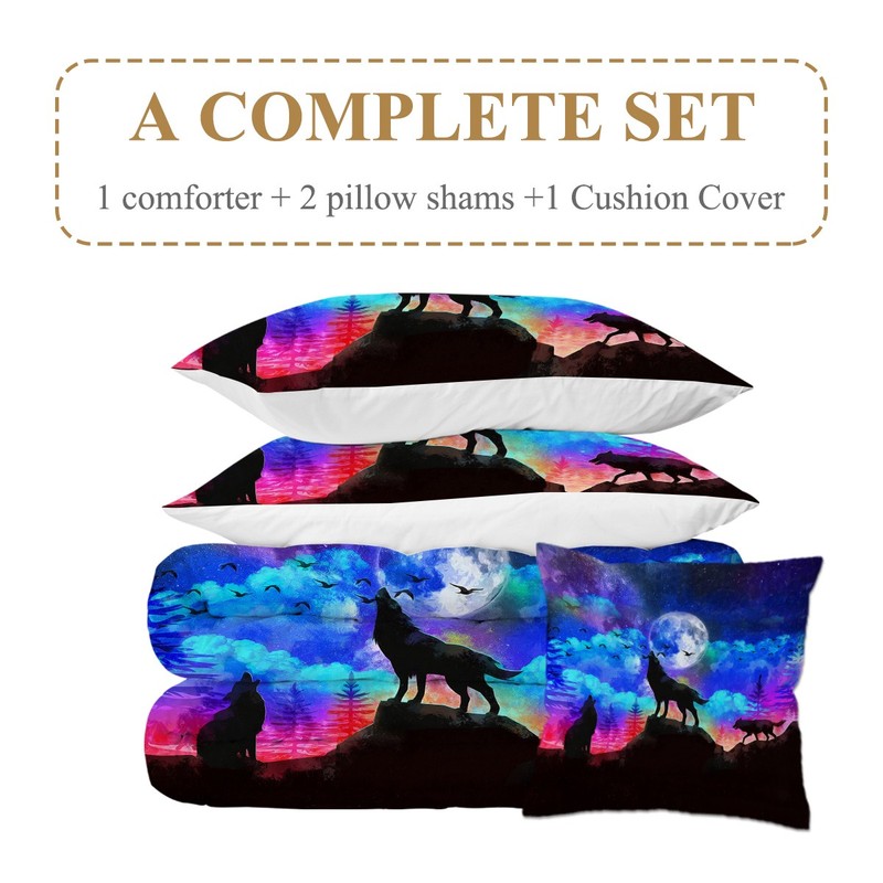 4pcs Wolf Comfoter Set Queen King Size, Evening Moon Wolf Howl Boys Bedding Set gallery