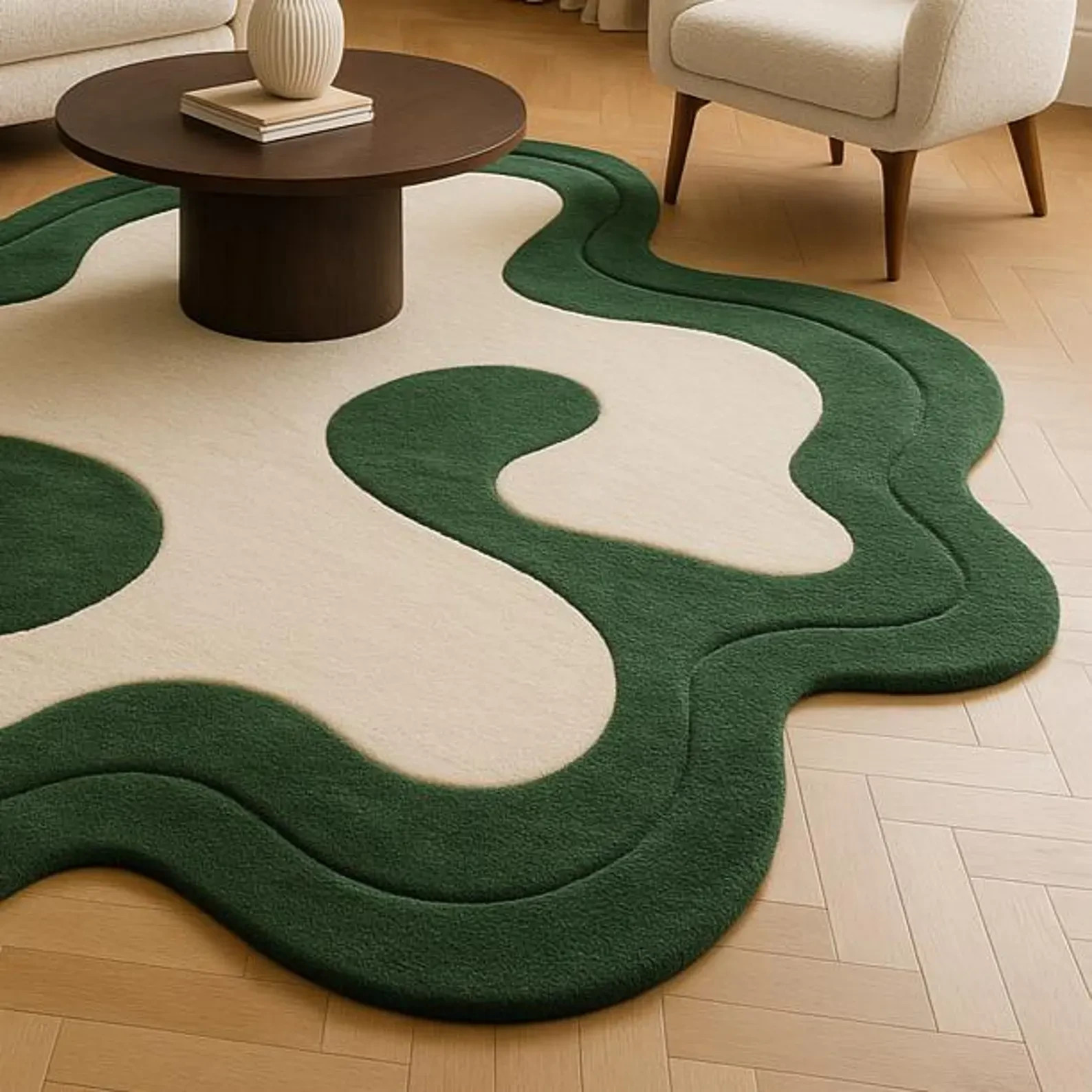 Luxury Hand Tufted Irregular Shape Wool Rug – Green & Cream Modern Abstract Carp gallery