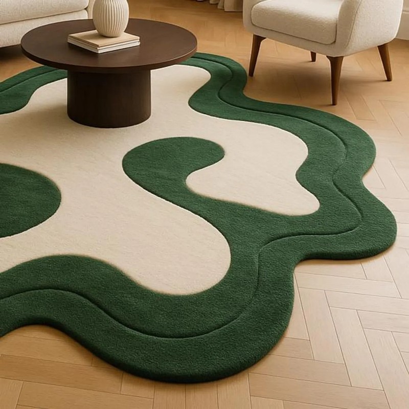 Luxury Hand Tufted Irregular Shape Wool Rug – Green & Cream Modern Abstract Carp gallery