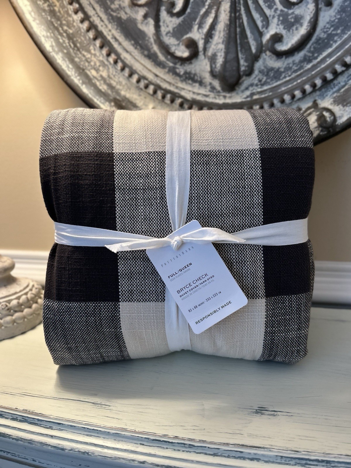 Pottery Barn Bryce Buffalo Check Cotton FULL/QUEEN Duvet Cover Charcoal NWT gallery