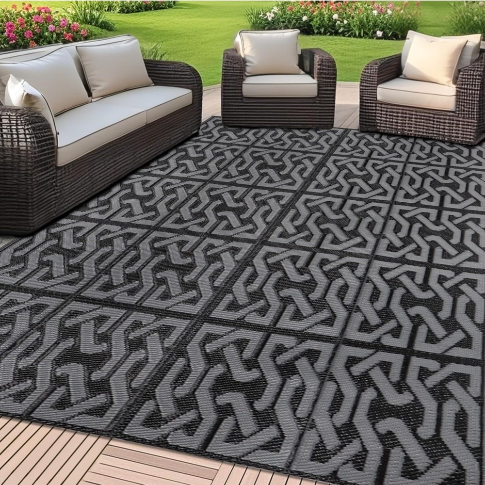 Durable Black & Grey Reversible Plastic Mat - Perfect for Beach & RV Adventures
