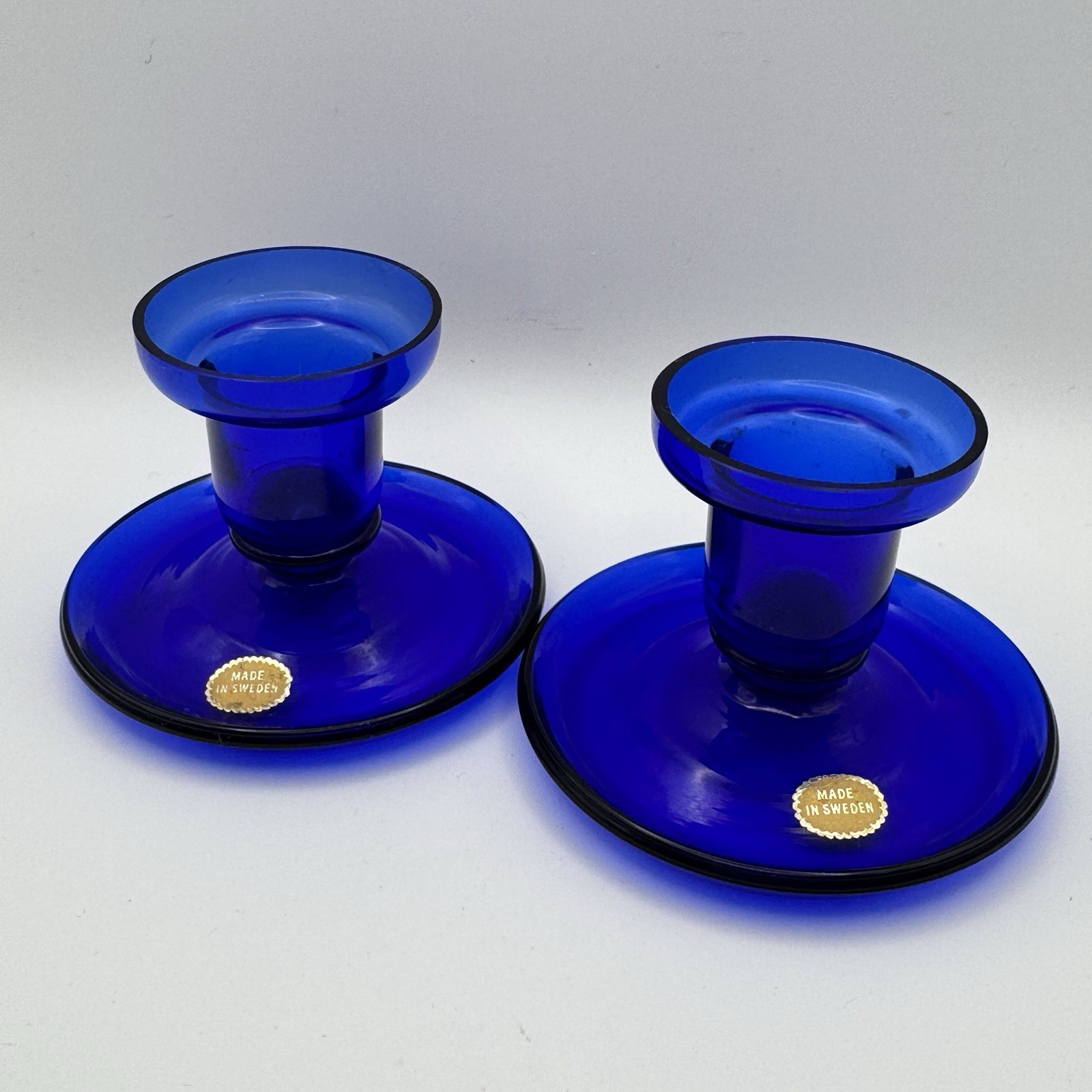2 Cobalt Blue Glass Candlesticks Sweden Scandinavian Taper Candle Holders Vtg gallery