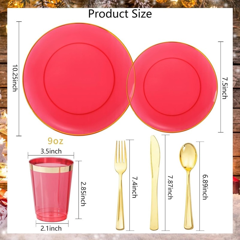 180-Pcs Red Plastic Dinnerware Set with Gold Accents - Hand Wash Only gallery