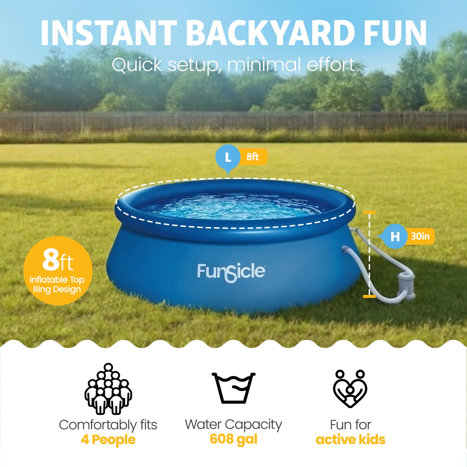 Funsicle 8' x 30" QuickSet Inflatable Ring Top Outdoor Above Ground Pool w/Pump gallery